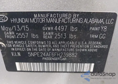 2015 Hyundai Sonata Se z USA, uszkodzony, nr VIN 5NPE24AF6FH239882